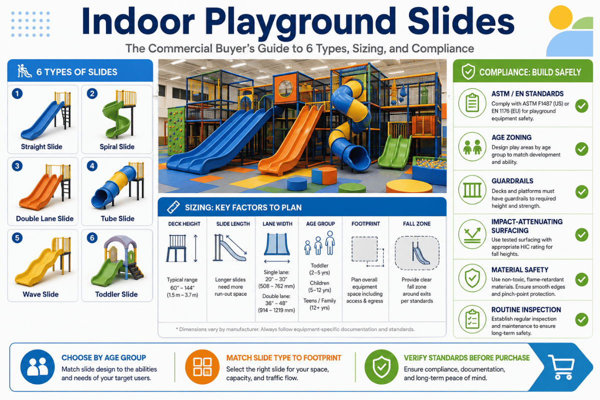 Indoor Playground Slides: The Commercial Buyer's Guide to 6 Types, Sizing, and Compliance