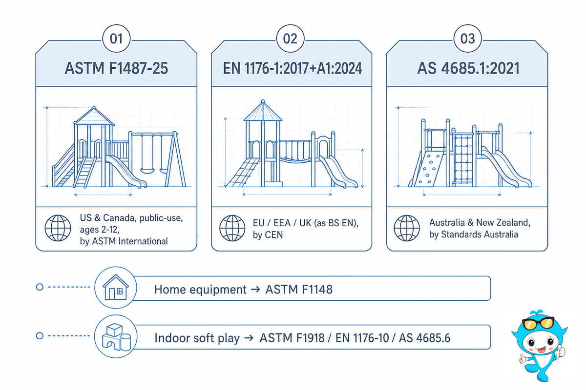 What AS 4685, EN 1176, and ASTM F1487 Actually Govern (and Where Each Applies) — Didi Land