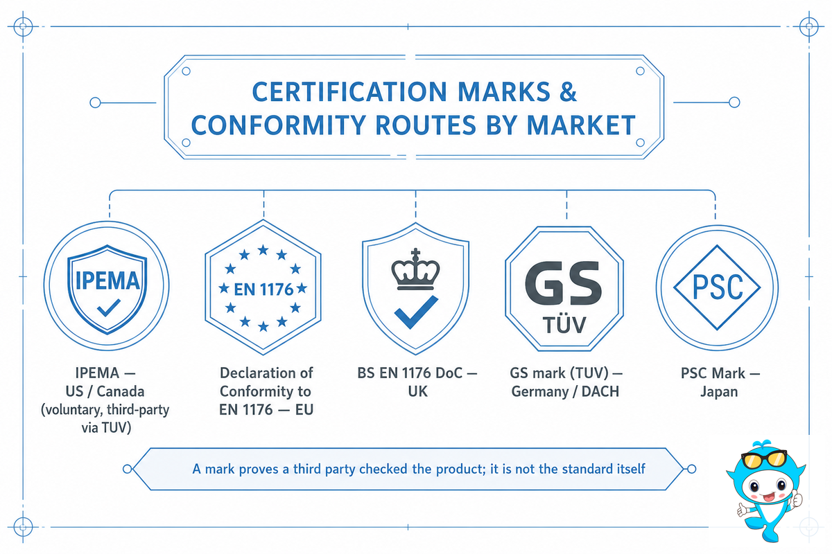 Certification Marks and Conformity Routes by Market: IPEMA, CE, UKCA, GS/TÜV, PSC — Didi Land