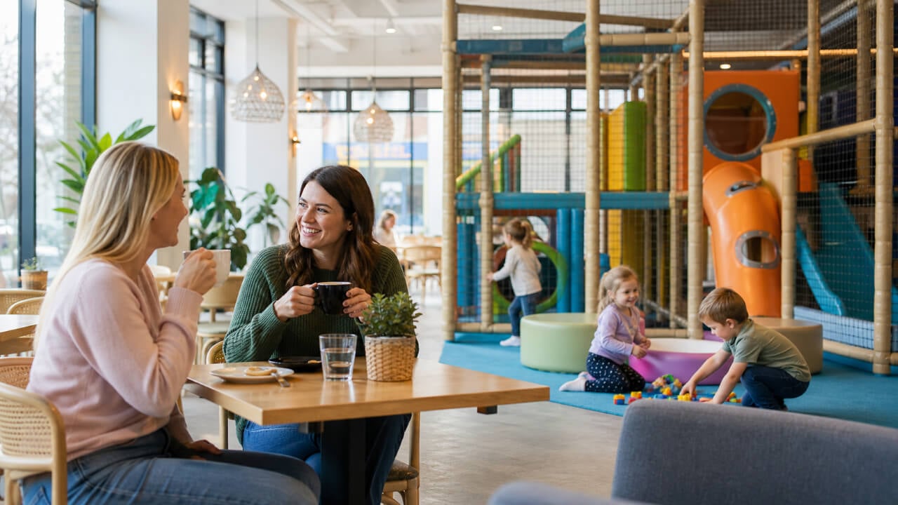 Mother having coffee with a friend at a café with an indoor play area while children play nearby