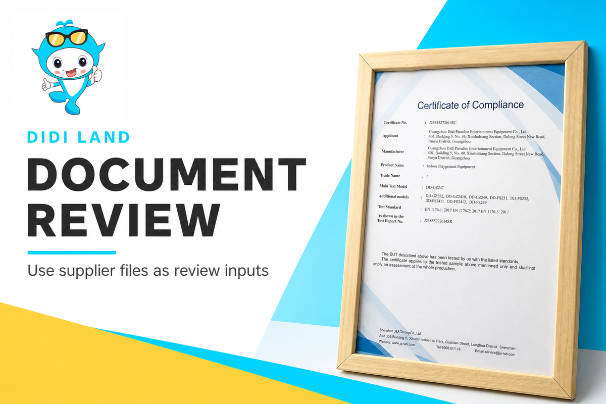 Document review poster for indoor playground materials and safety files
