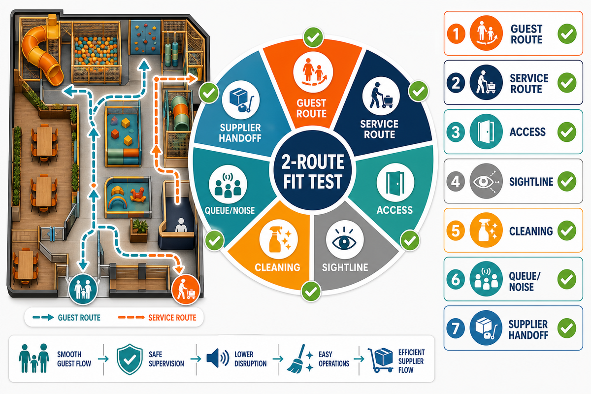 Seven-point two-route fit test for a restaurant play zone