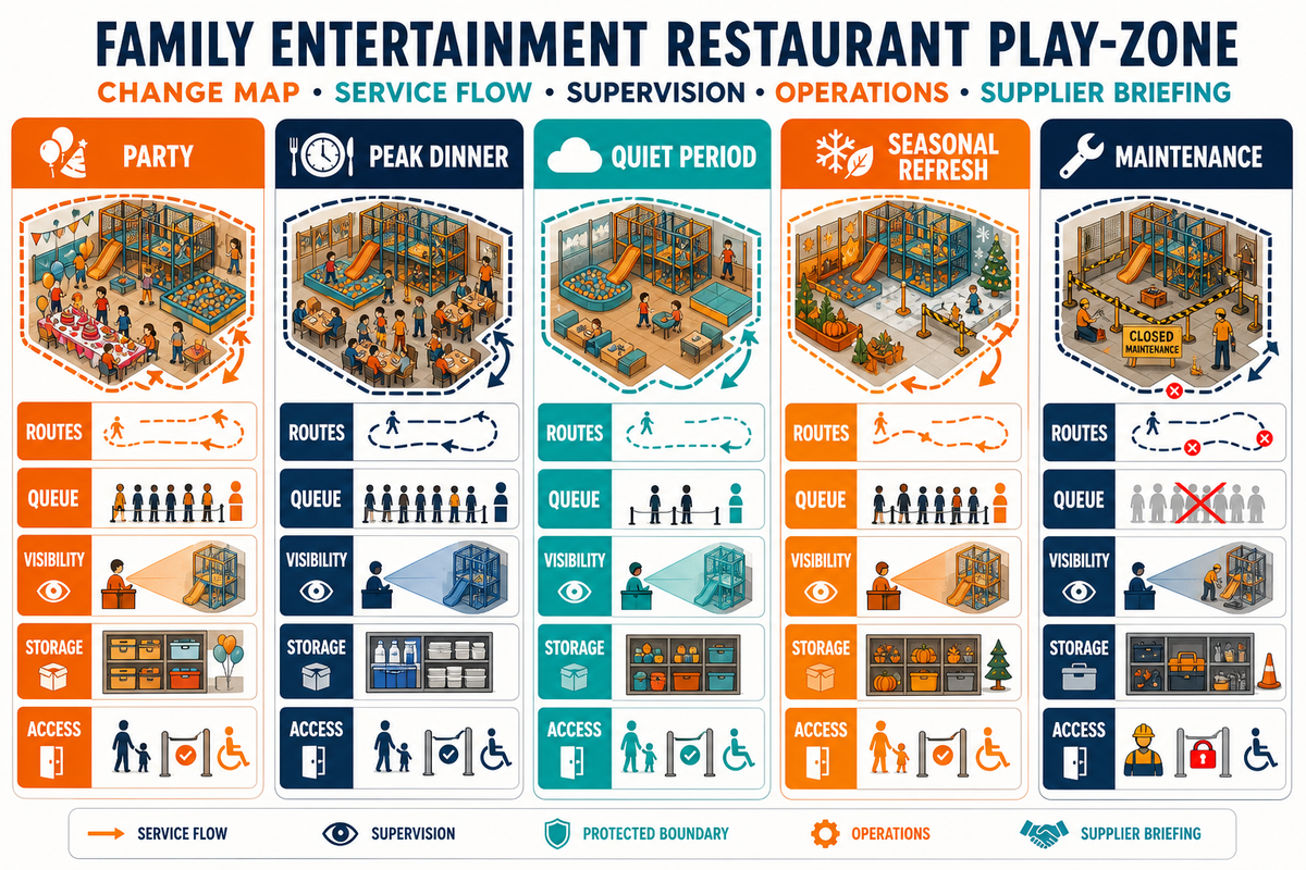 Design restaurant play areas for explicit operating scenarios