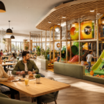 Family restaurant with indoor playground where parents dine while children play