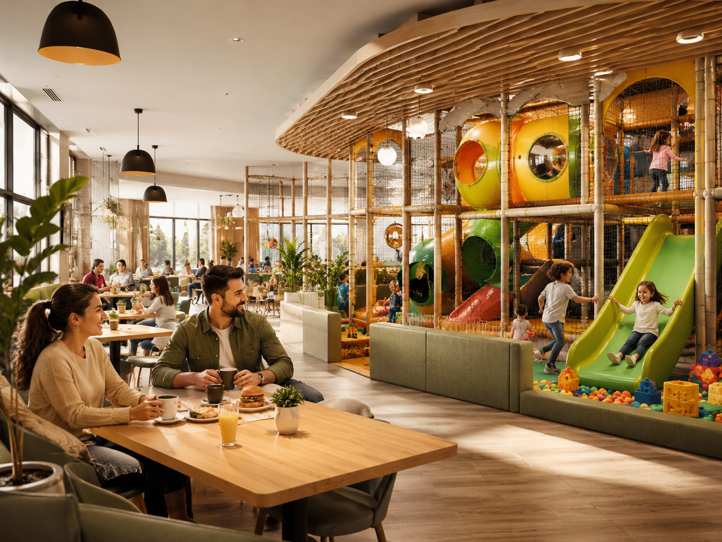 Family restaurant with indoor playground where parents dine while children play