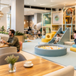 Modern play cafe equipment with soft play, a ball pit and slides beside a parent-friendly café seating area
