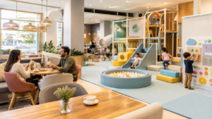 Modern play cafe equipment with soft play, a ball pit and slides beside a parent-friendly café seating area