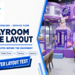 Playroom Cafe layout showing parent seating, toddler zones, cleaning routes, and capacity planning