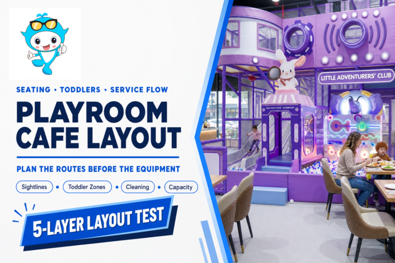 Playroom Cafe layout showing parent seating, toddler zones, cleaning routes, and capacity planning