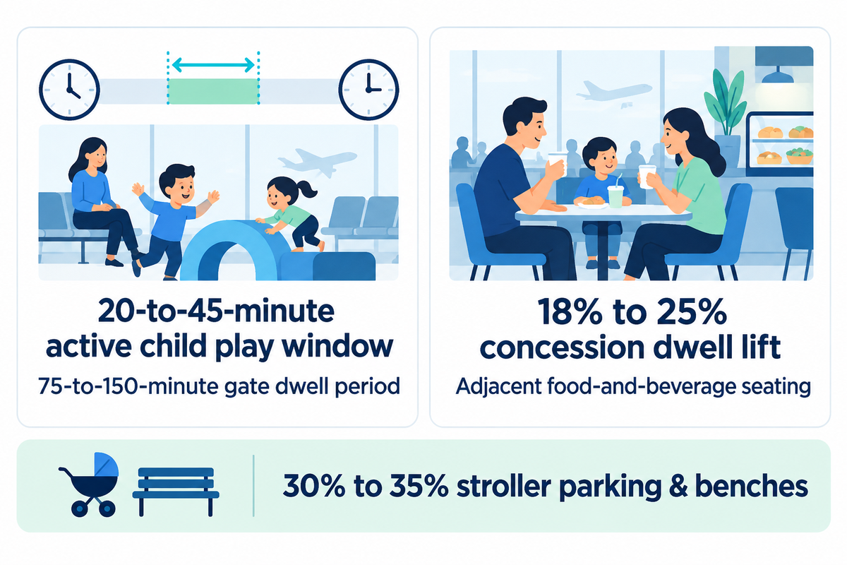 Airport dwell-time infographic showing a 20-to-45-minute active child play window inside a 75-to-150-minute gate dwell period and 18% to 25% concession dwell lift.
