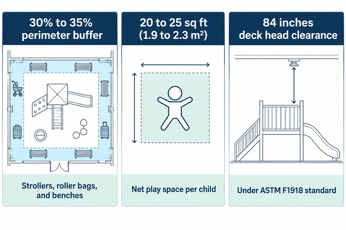 Terminal play area clearance diagram showing 30% to 35% perimeter stroller buffer, 20 to 25 sq ft net play space per child, 84 inches deck clearance, and 18 inches NFPA 13 sprinkle