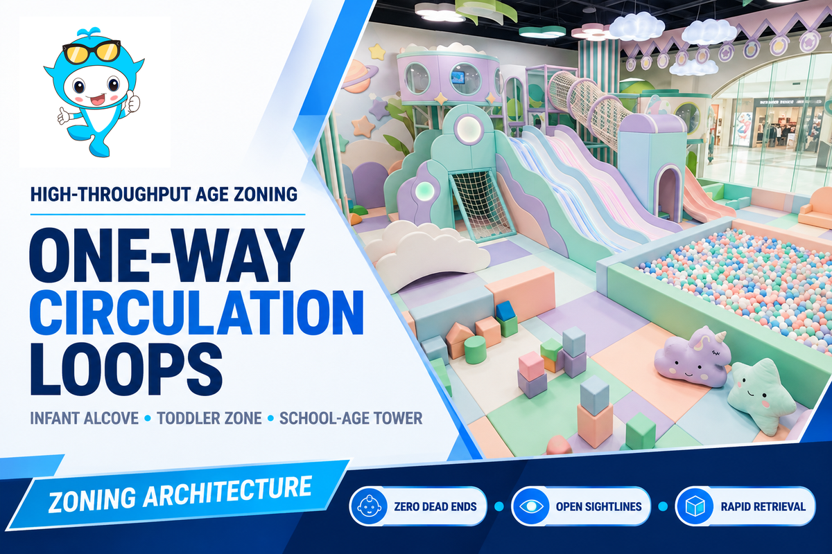 Client catalog design illustration of commercial sculpted foam play equipment showing age-segregated infant, toddler, and school-age circulation zones.