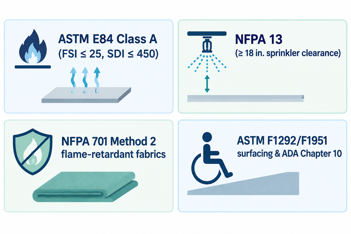 Airport fire marshal and safety compliance cards covering ASTM E84 Class A, ASTM E1354 heat release, NFPA 13 sprinkler clearance, and ASTM F1292/F1951 ADA surfacing.