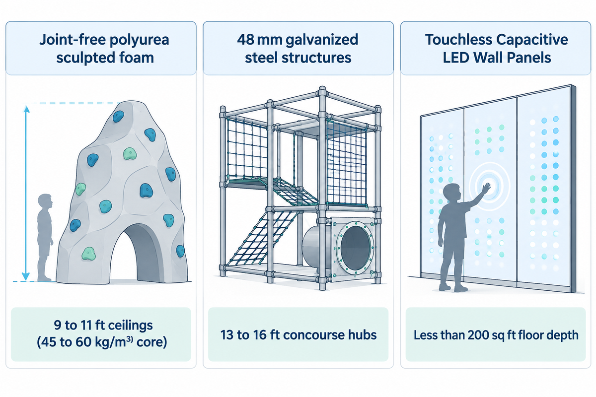 Equipment format selector comparing joint-free polyurea sculpted foam climbers for 9 to 11 ft gate holdrooms, 48 mm steel contained structures for 13 to 16 ft hubs, and touchless L