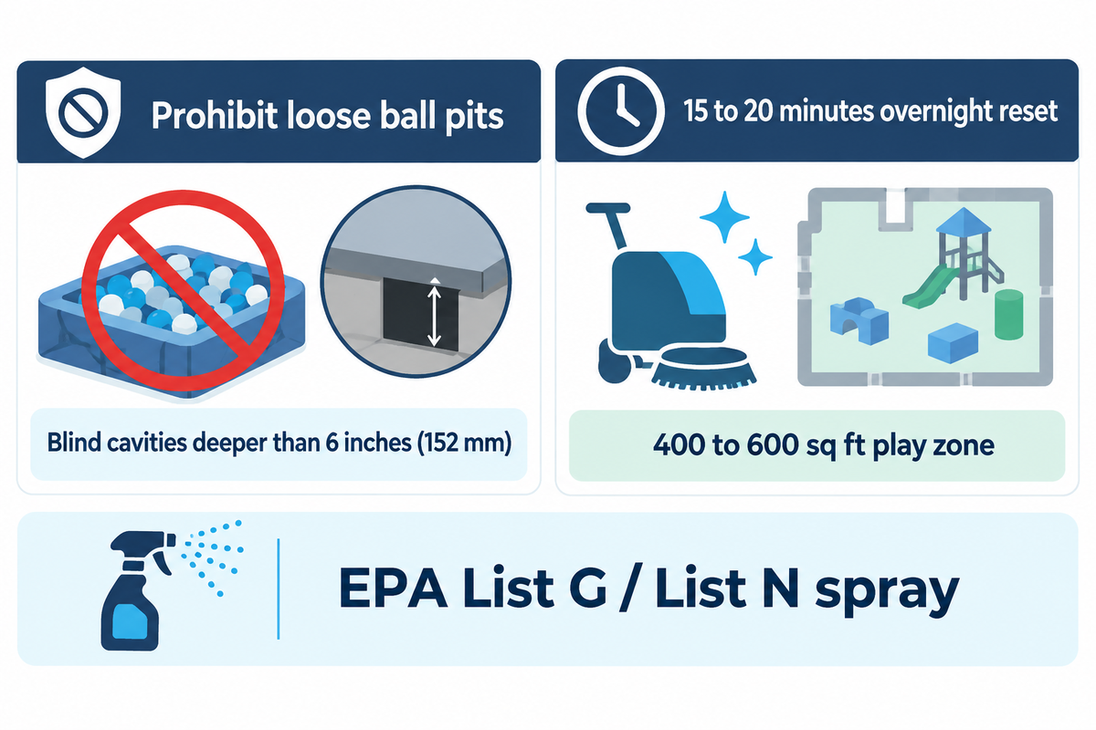 Zero-loose-part security and sanitation protocol showing no ball pits, no blind cavities deeper than 6 inches, and 15 to 20 minute overnight disinfection for 400 to 600 sq ft zones
