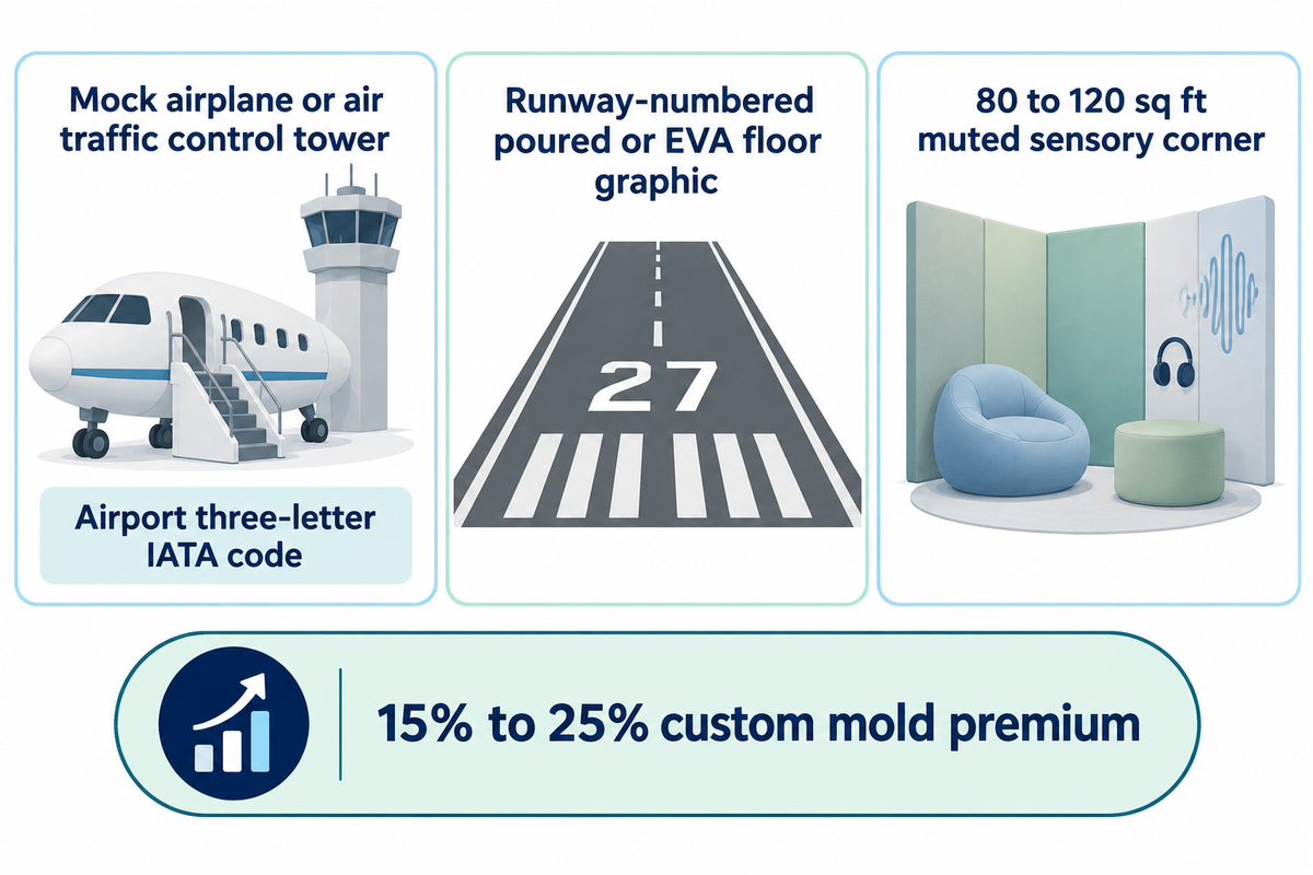 Three core airport theming elements: mock airplane or control tower with IATA code, runway-numbered floor graphic, and 80 to 120 sq ft sensory corner at a 15% to 25% custom mold pr