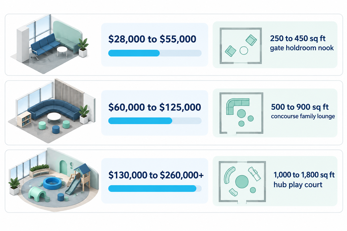 Three turnkey airport playground budget tiers: $28,000 to $55,000 (250 to 450 sq ft), $60,000 to $125,000 (500 to 900 sq ft), and $130,000 to $260,000+ (1,000 to 1,800 sq ft).