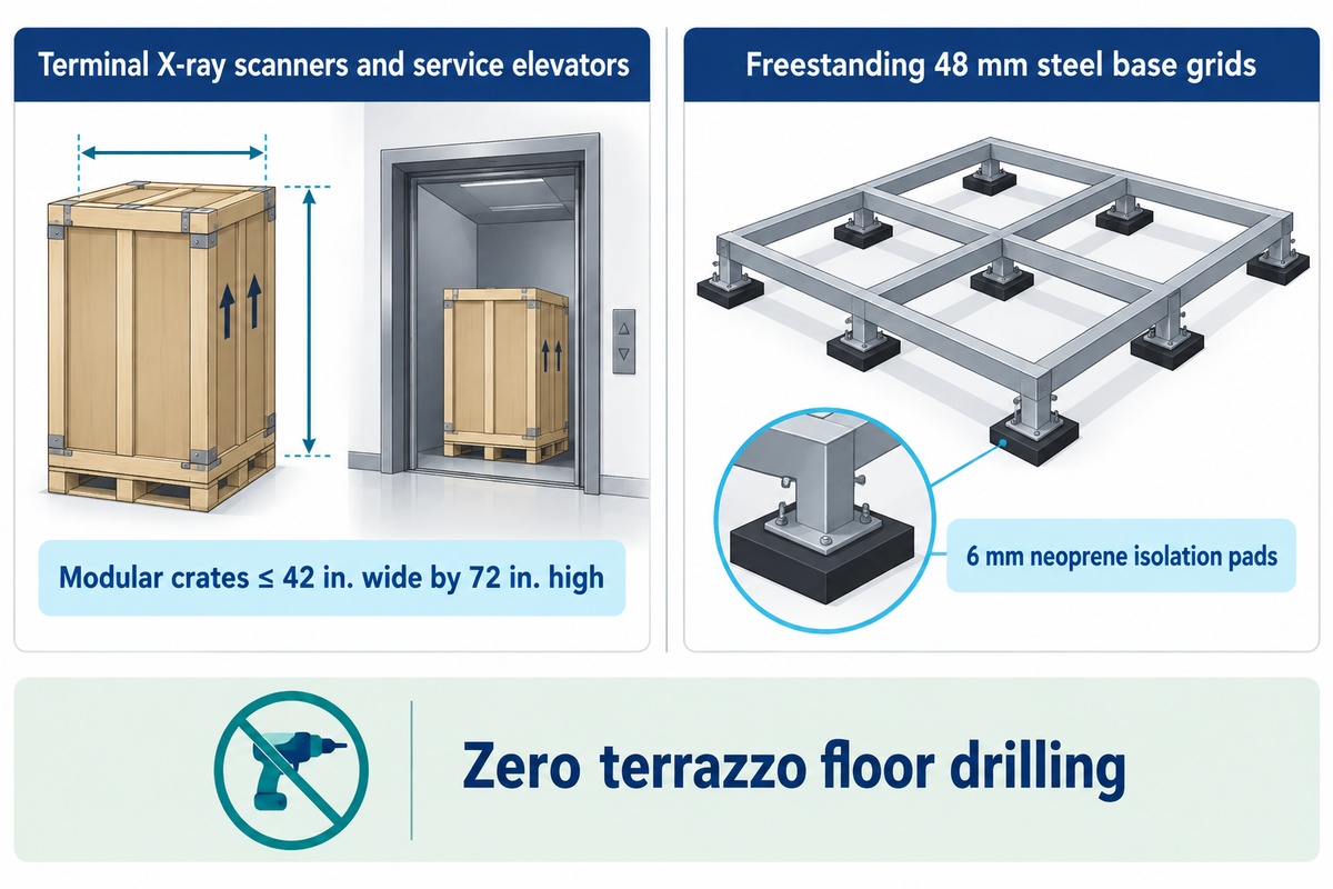Airside logistics and mounting diagram showing modular crates sized 42 in. wide by 72 in. high and freestanding 48 mm steel base grids over 6 mm neoprene pads with zero terrazzo dr