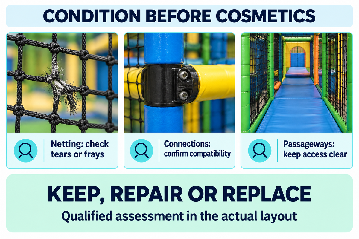 Inspect netting, connections and clear passageways before choosing keep, repair or replace; CPSC checklist informs checks.