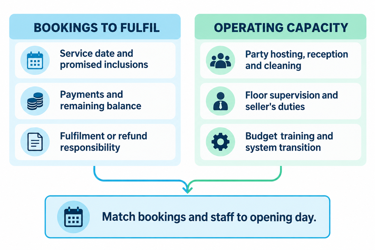 Prepaid bookings require service capacity and agreed refund responsibility; align staff and systems with the opening day.