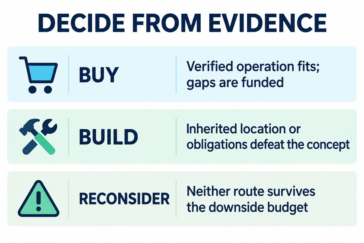 Buy, build or reconsider according to verified operating value, concept fit and a funded downside budget.