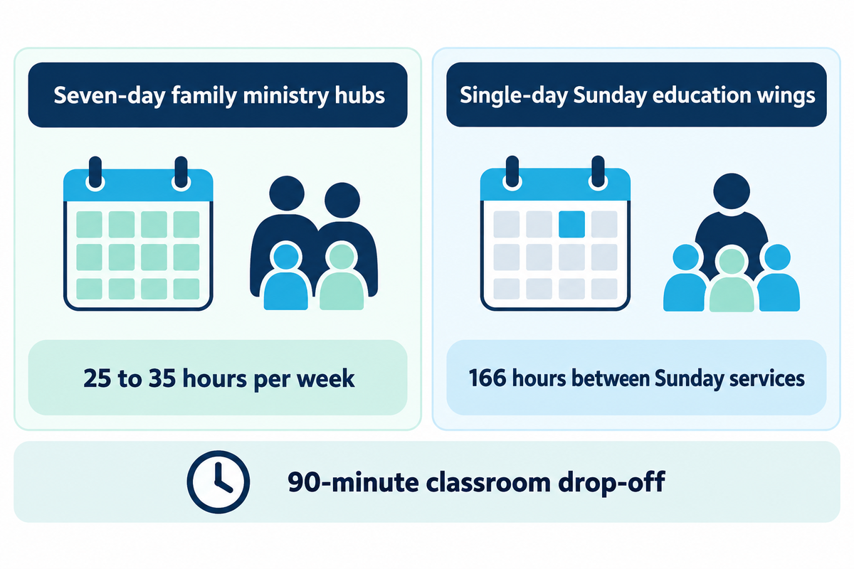 Comparison between single-day Sunday education wings sitting dark for 166 hours and seven-day family ministry hubs operating 25 to 35 hours per week.