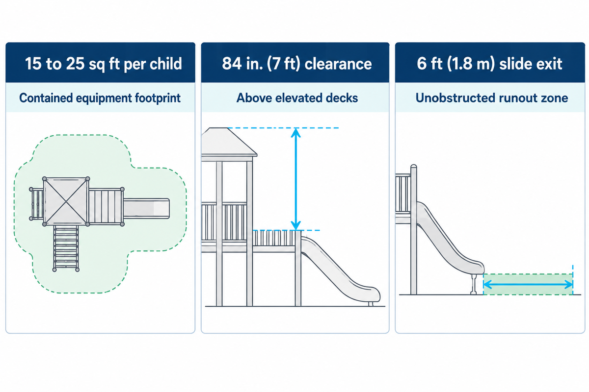 Architectural clearance diagram showing 15 to 25 sq ft per child footprint, 84 in. (7 ft) vertical interior clearance above elevated decks, and 6 ft (1.8 m) slide exit runout.