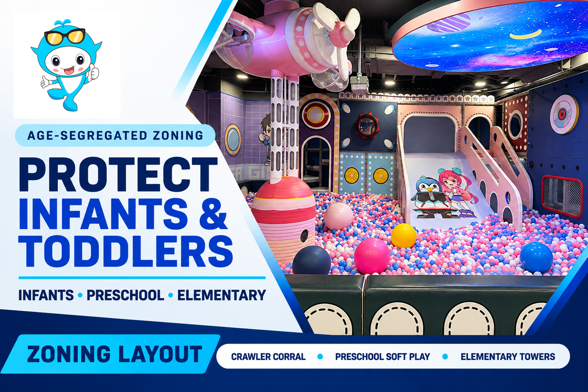 Client catalog design illustration of custom soft play sets showing age-appropriate zoning for church infant, preschool toddler, and elementary play areas.