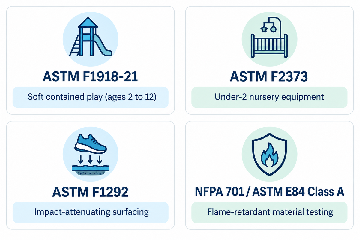 Four compliance standards for church indoor playgrounds: ASTM F1918-21 (ages 2 to 12), ASTM F2373 (under-2 nursery), ASTM F1292 surfacing, and NFPA 701 or ASTM E84 Class A flame te