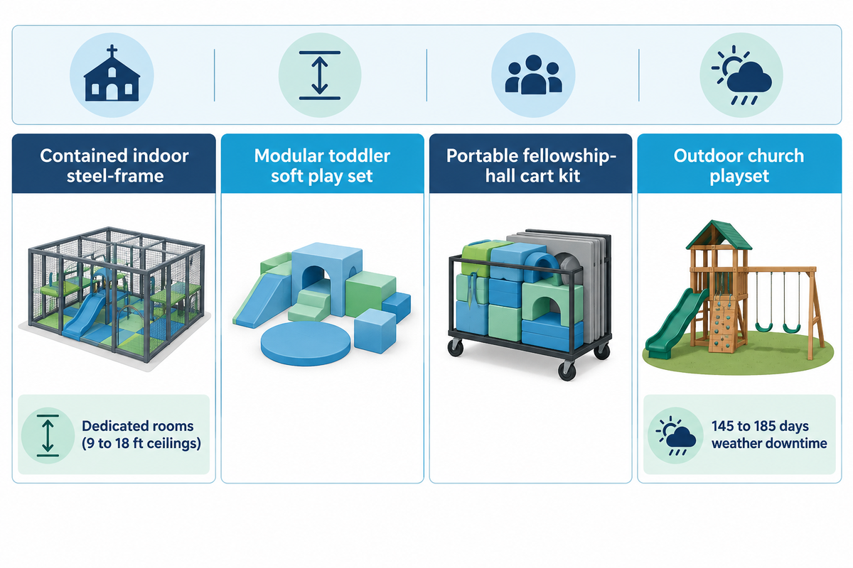Comparison of four church play formats: contained indoor steel-frame structures for 9 to 18 ft ceilings, modular toddler soft play sets, portable fellowship-hall cart kits, and out