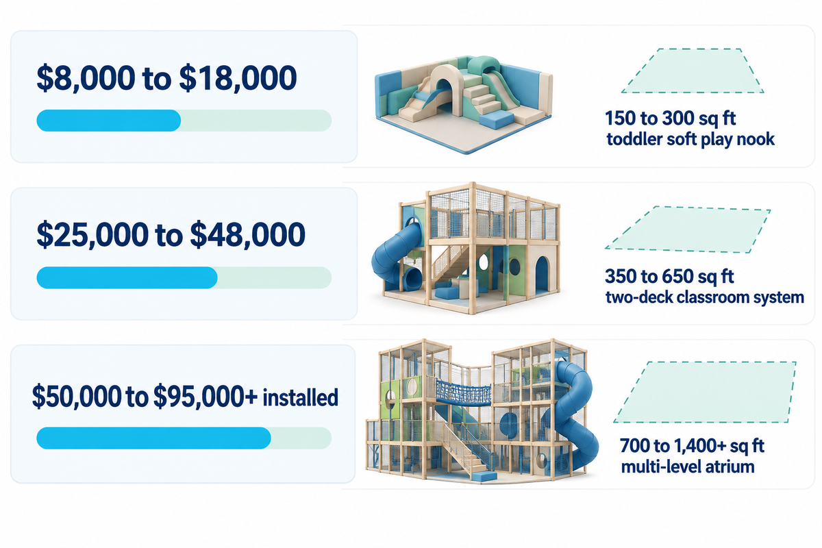 Three church indoor playground budget tiers: $8,000 to $18,000 (150 to 300 sq ft), $25,000 to $48,000 (350 to 650 sq ft), and $50,000 to $95,000+ installed (700 to 1,400+ sq ft).