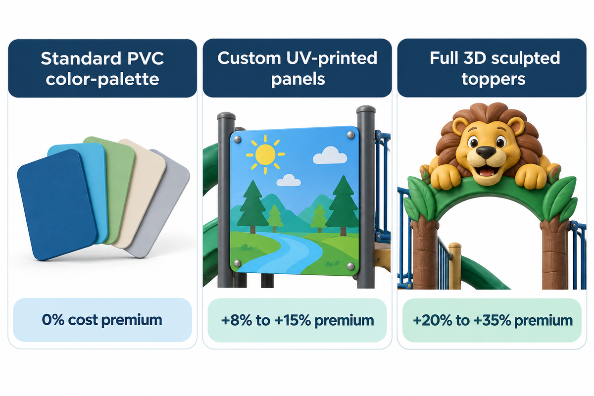Three church playground theming fabrication tiers: standard PVC color-palette matching (0% premium), custom UV-printed panels (+8% to +15% premium), and 3D sculpted toppers (+20% t