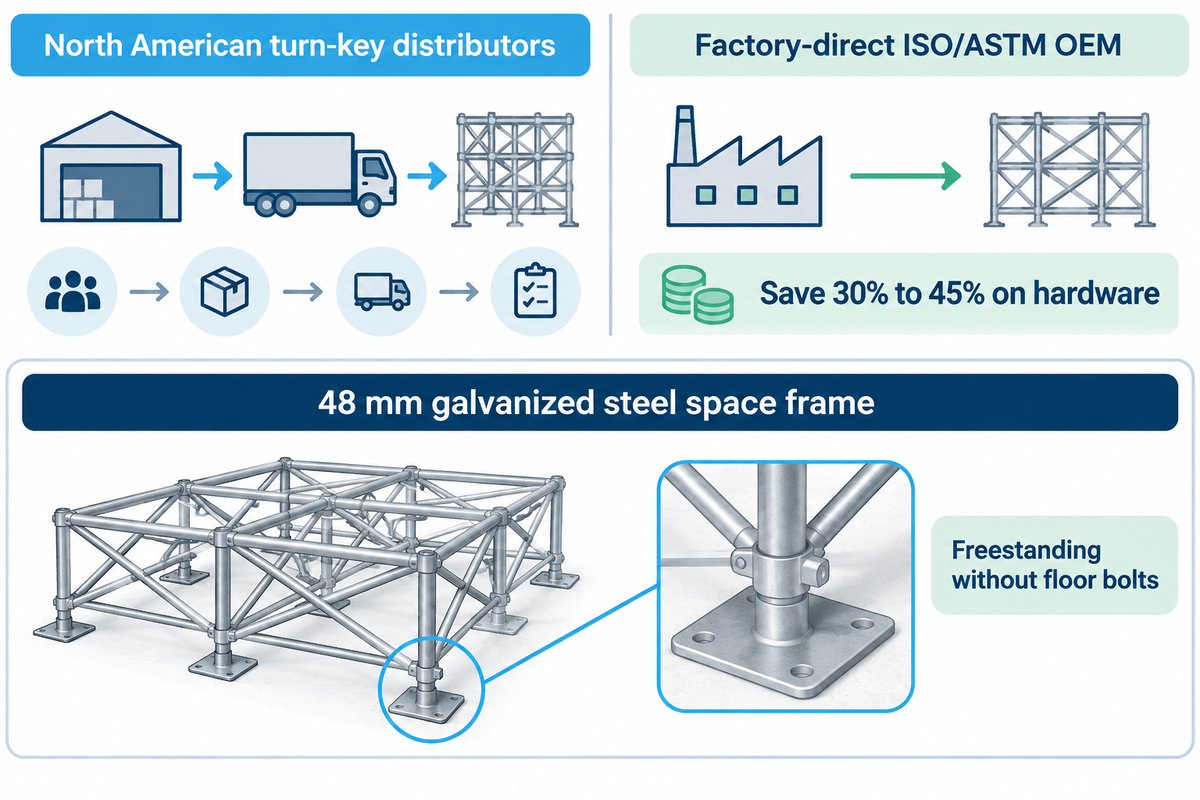 Supplier comparison showing 30% to 45% hardware savings via factory-direct ISO/ASTM OEM versus domestic distributors, plus freestanding 48 mm galvanized steel space frame engineeri