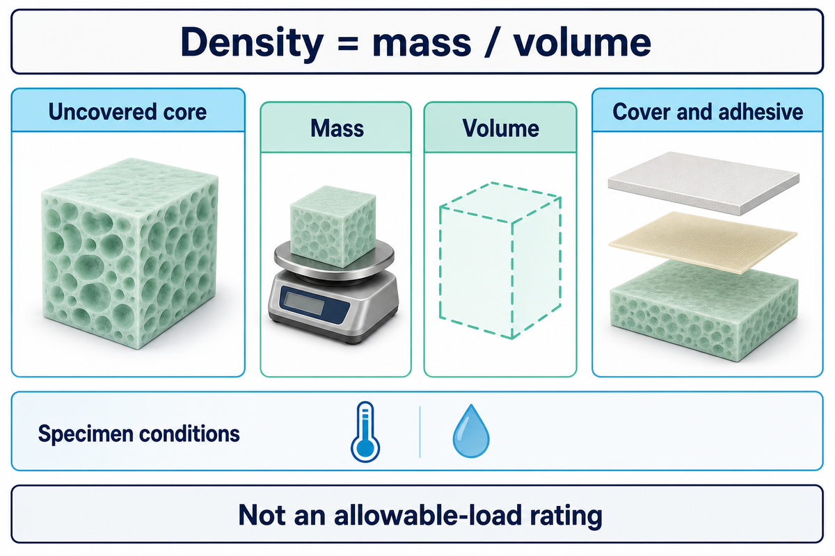 Measure foam mass and volume separately from cover and adhesive; density is not a load rating.
