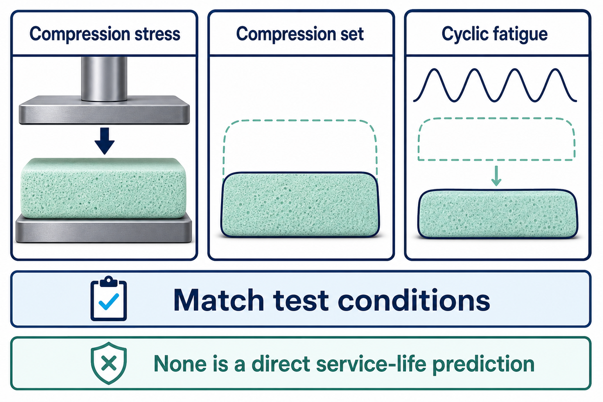 Compression stress, compression set and cyclic fatigue measure different responses.