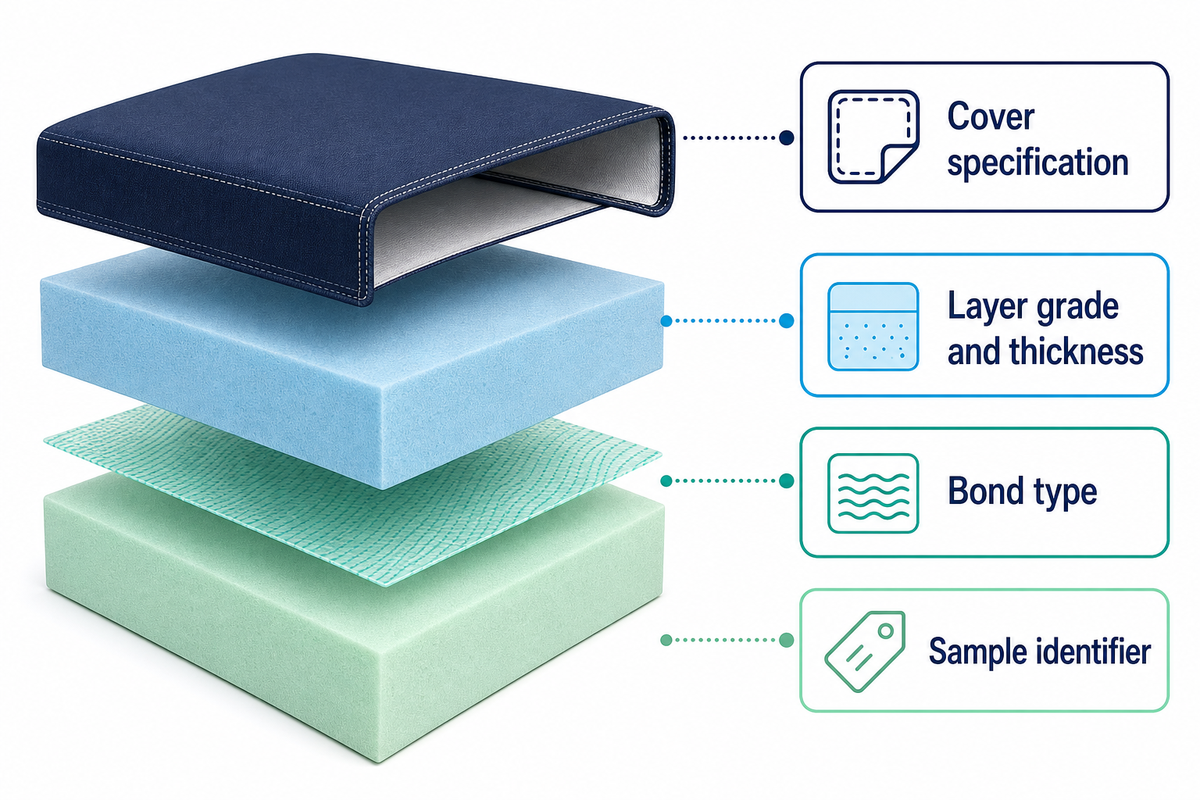 Illustrative covered block section identifies each foam layer, bond and cover without prescribing a universal construction.