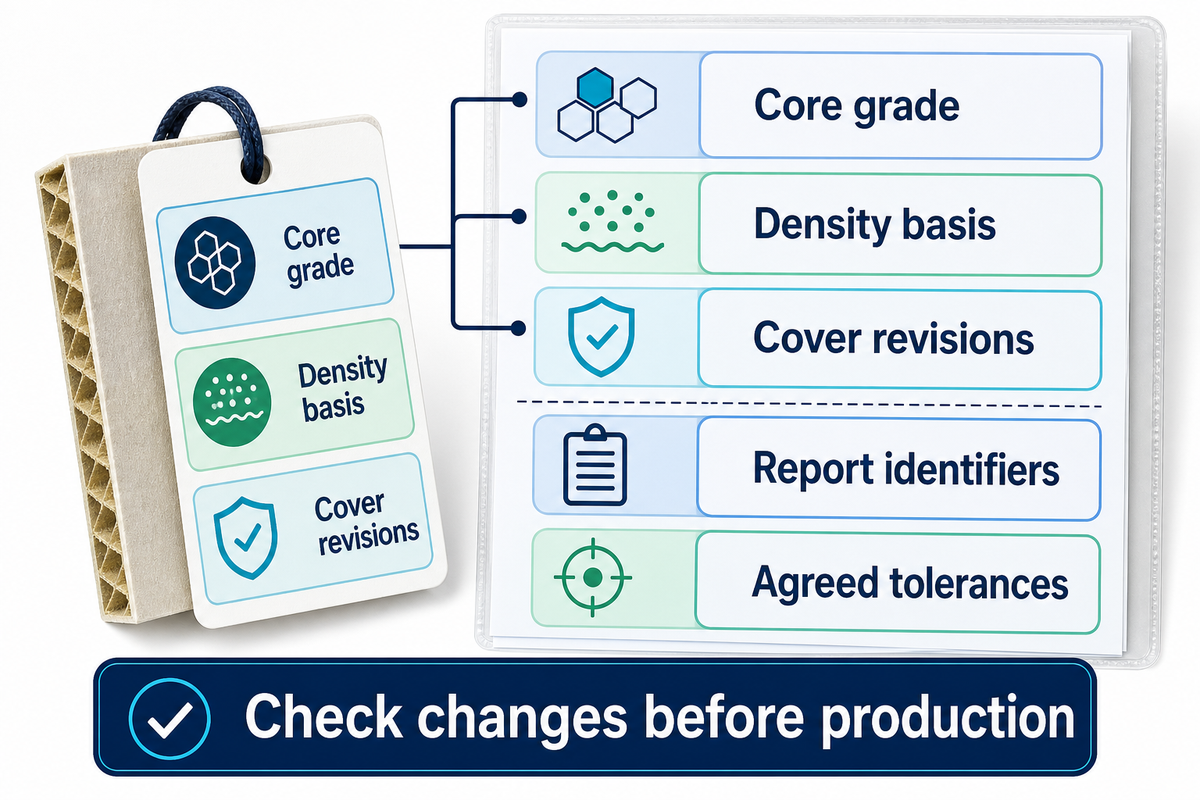 Record core grade, density basis, dimensions, cover revision, tolerances and report identifiers.