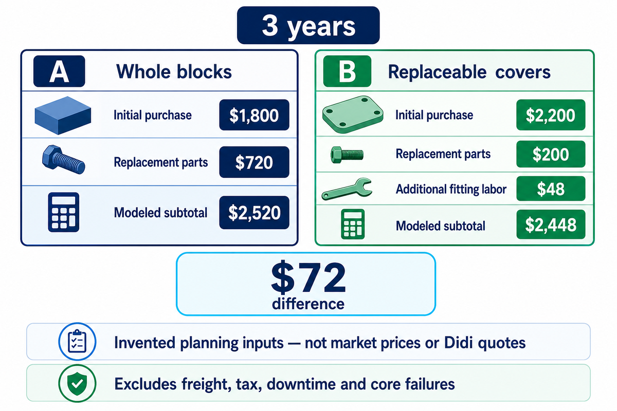 Hypothetical three-year totals are $2,520 for whole-block replacement and $2,448 for replacement covers, a $72 difference.
