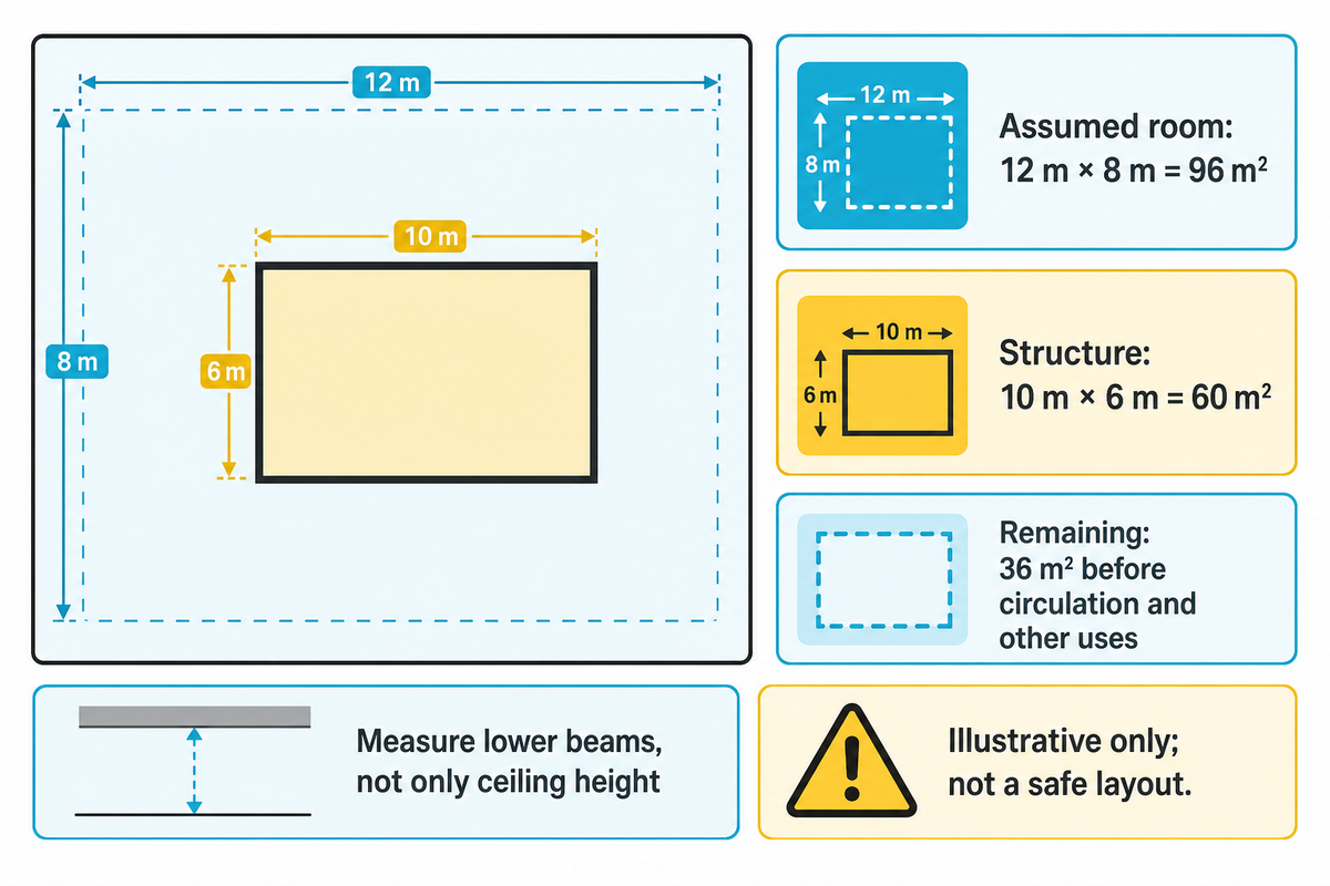 Assumed 96 m² room minus 60 m² structure leaves 36 m² before access and other uses; illustrative arithmetic.