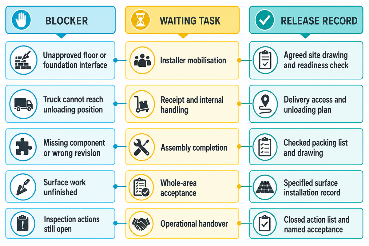 Opening-date map connects site readiness, access, missing parts, surfacing and inspection to waiting tasks.