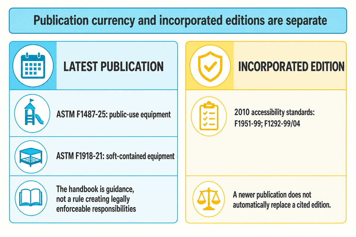 Latest ASTM publications and ADA-incorporated editions answer different questions; CPSC handbook is guidance.