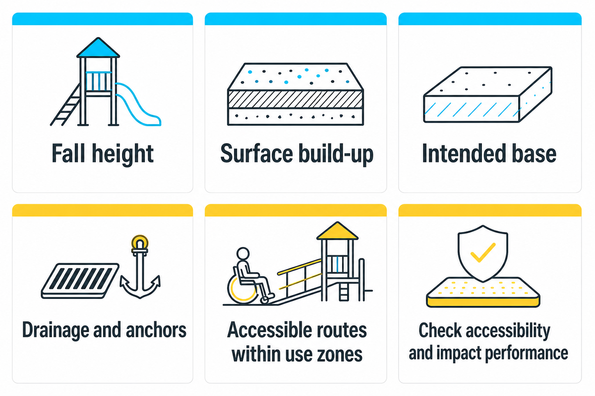 Match swing fall height, surface build-up and base; review access and impact separately — CPSC and ADA scoped guidance.