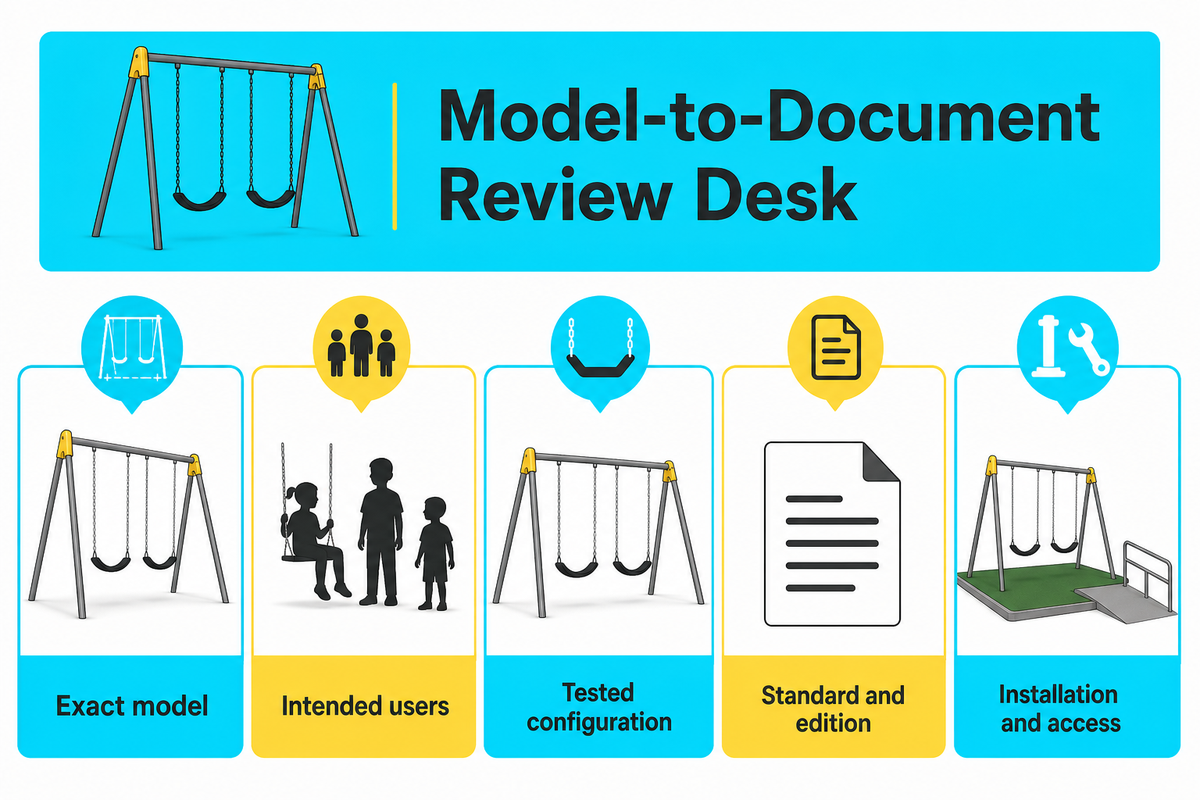 Match reports to the ordered swing model and configuration; certification scope does not establish whole-site access — IPEMA/ADA.