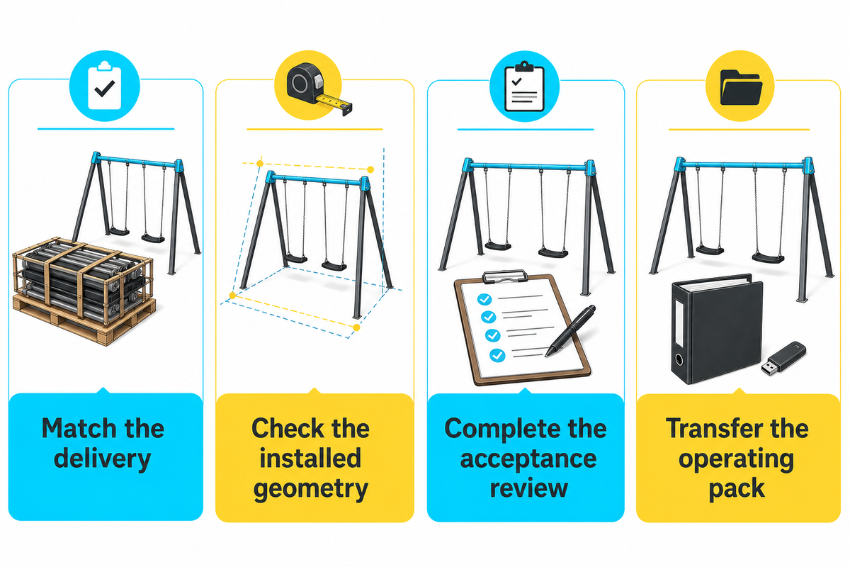 Swing handover: delivery, geometry, acceptance and operating records — four-step article method using CPSC guidance.