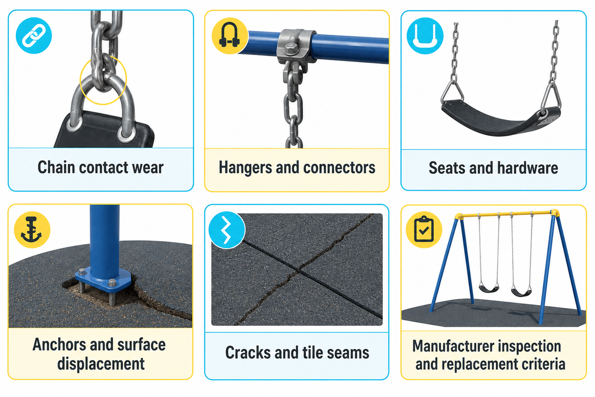 Inspect swing wear, connectors, seats, anchors and surfacing using model-specific criteria — CPSC and Playworld guidance.