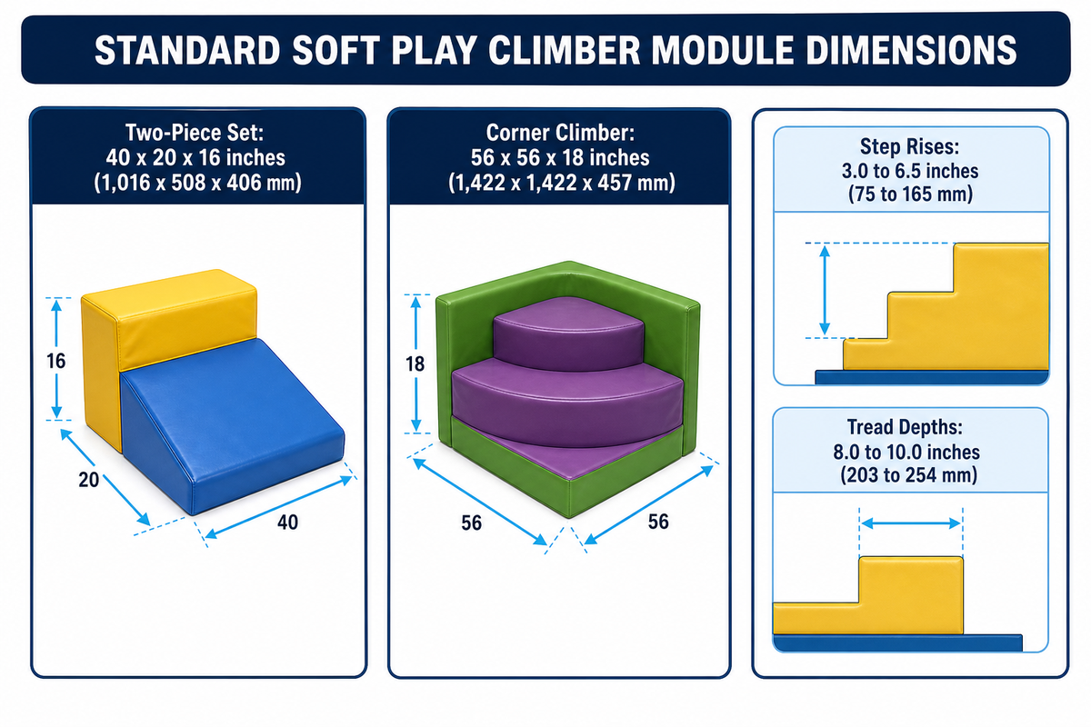 Standard commercial soft play climber dimensions from 40x20x16 in step sets to 56x56x18 in corner climbers (CPSC 325)