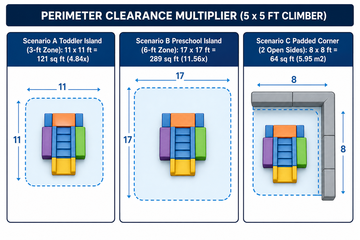 Perimeter clearance multiplier comparing 64 sq ft corner, 121 sq ft toddler island, and 289 sq ft preschool use zones (ASTM F1487)