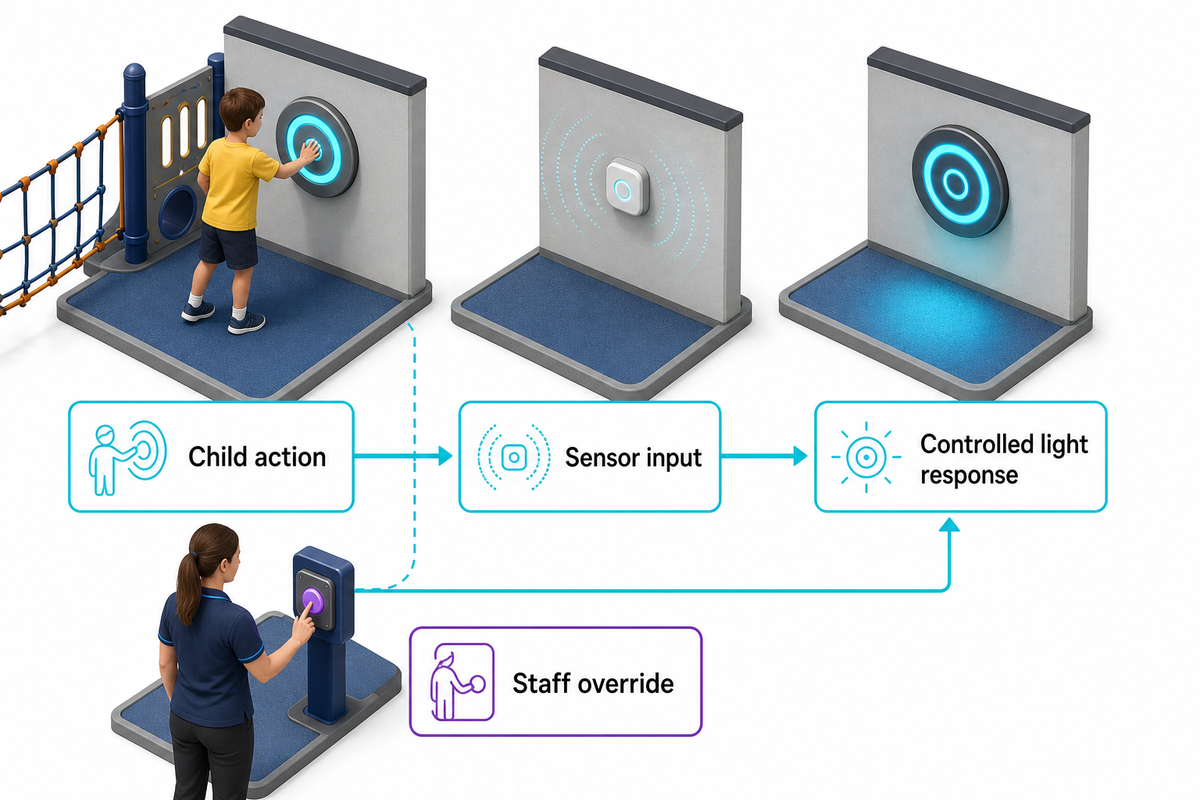Testable LED play loop from child action through sensor response to staff override.