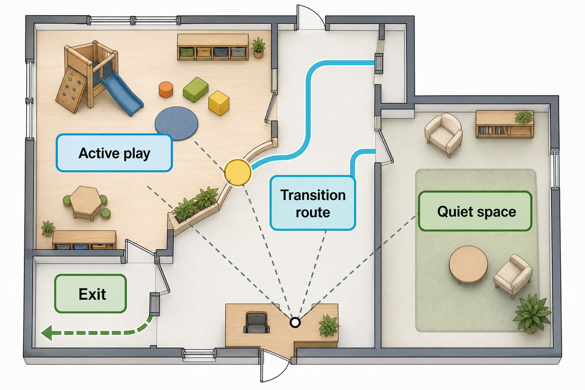 Overhead LED zone map connecting active play, transition route, quiet space and exit.