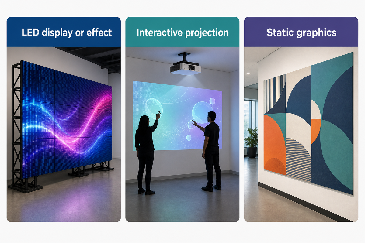 Visual comparison of LED effects, interactive projection and static graphics by their operating dependencies.